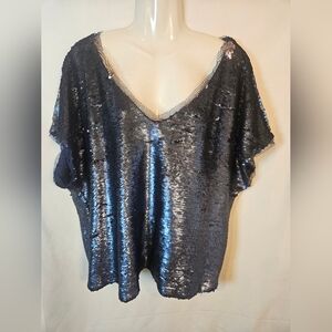 We The Free Sequin Top | Free People Navy Blue Sparkle Blouse | Size L